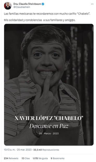 Claudia Sheinbaum lamentó la muerte del actor Xavier López “Chabelo". Foto: Twitter @Claudiashein