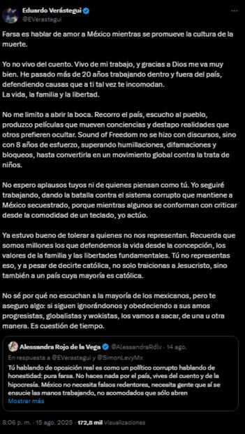 Post de Eduardo Verástegui. Foto: Captura de pantalla tomada de la cuenta de X de @EVerastegui.