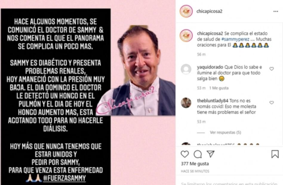 Sammy sufre una severa caída de salud; tiene ya lesión renal 