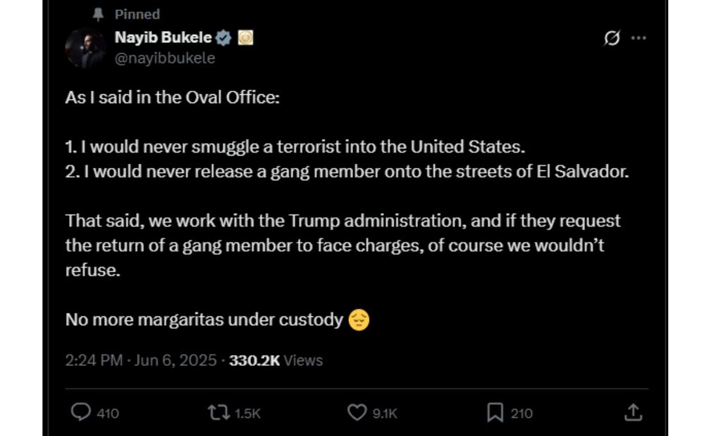 Nayib Bukele, presidente de El Salvador, responde a través de sus redes sociales. (06/06/25) Foto: Captura de pantalla