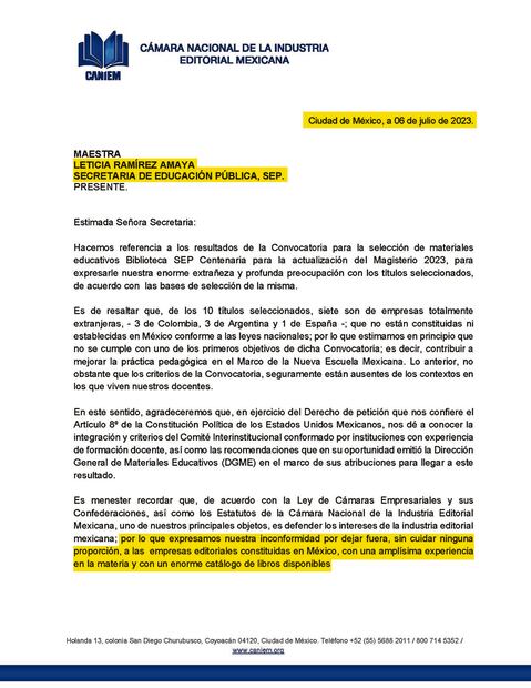 La Caniem envió una carta de inconformidad a la SEP, el 6 de julio, por no cuidar la proporción de editoriales.