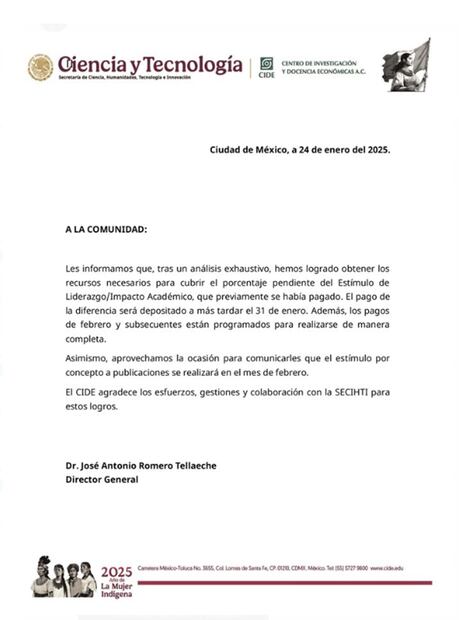 Comunicado firmado por el doctor José Antonio Romero Tellaeche.
Foto: Ciencia y Tecnología / CIDE