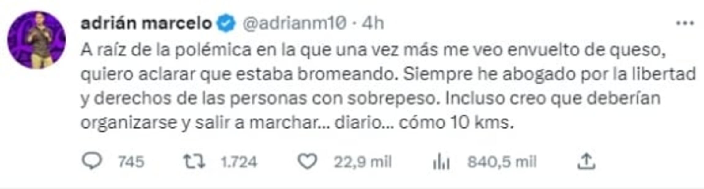 Adrián Marcelo se lanza contra quienes lo critican por comentarios "gordofóbicos" 