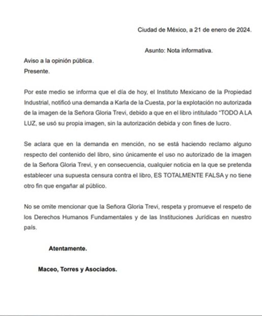 Este es el documento dado a conocer por el equipo legal de la cantante. Foto: Captura de pantalla.