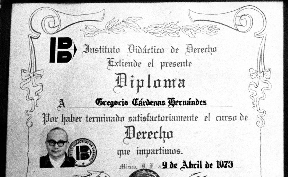 Imagen del Diploma que entregó el Instituto Didáctico de Derecho a Gregorio Cárdenas Hernández por haber concluido el curso de Derecho, dentro de la prisión, que impartió dicha institución en abril de 1973. Archivo EL UNIVERSAL.