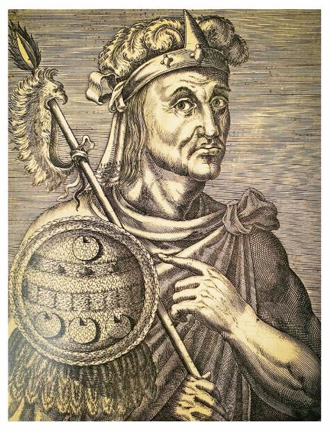 Moctezuma en un grabado en cobre de André Thevet, 1584, París. Imagen del libro “Moctezuma y Atahualpa: vida, pasión y muerte de dos gobernantes”