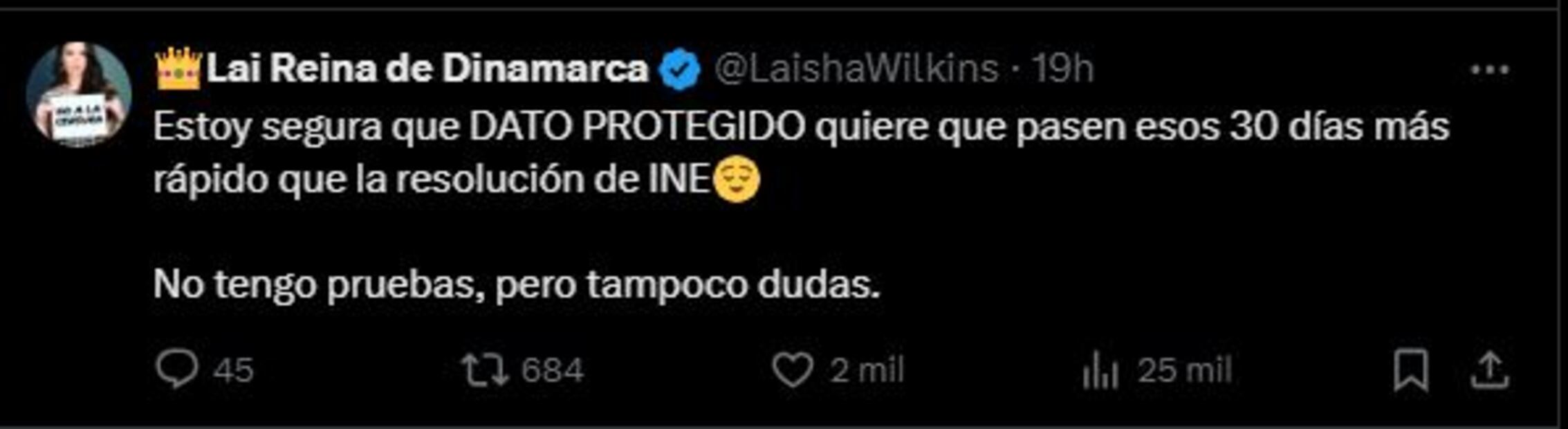 Laisha Wilkins reacciona a “Dato protegido“, polémico tuit sancionado por el INE. Foto: Captura de pantalla