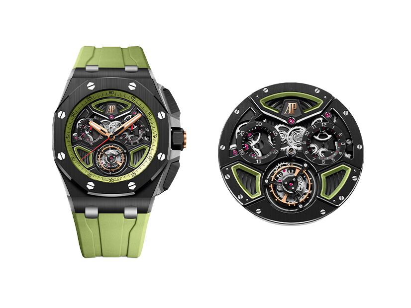 Royal Oak Offshore CRONÓGRAFO TOURBILLON VOLANTE AUTOMÁTICO REF. 26622CE.OO.D062CA.01.
Calibre 2967 de carga automática con 65 horas de reserva de marcha. Caja de cerámica negra, 43 mm. Cristal de zafiro, fondo transparente. Hermeticidad a 100 metros.