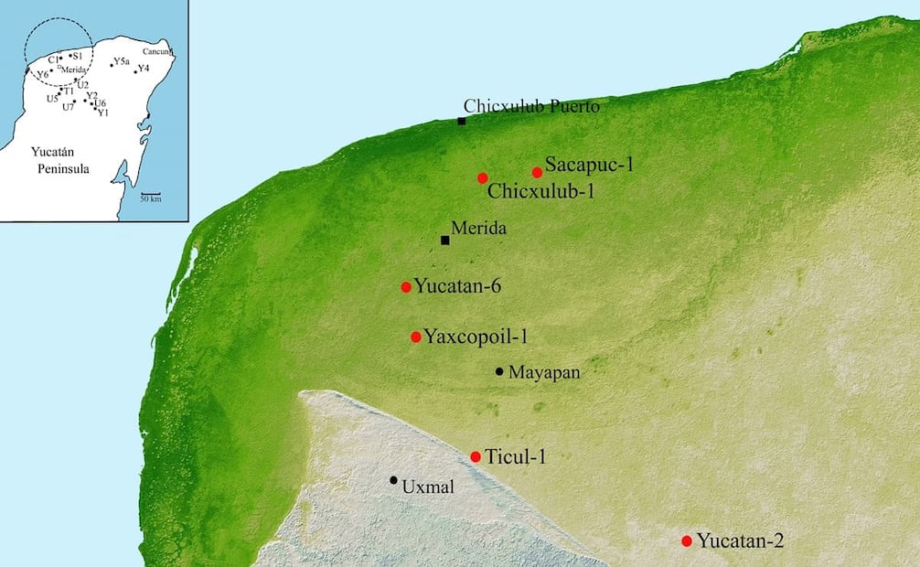 Ubicación de pozos en el Cráter de Chicxulub. La mayoría fueron hechos por PEMEX, otros por la UNAM y el Yaxcopoil-1 quedó en manos del Proyecto de Perforación Científica de Chicxulub. Foto: Lunar And Planetary Institute/ESPECIAL/Wikimedia Commons.