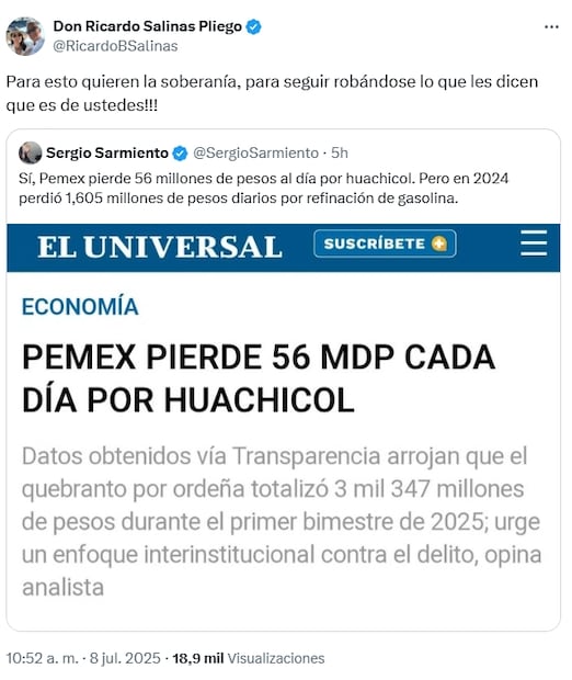Salinas Pliego reacciona a pérdida de Pemex de 56 mdp al día por huachicol; esto dijo. Fuente: X
