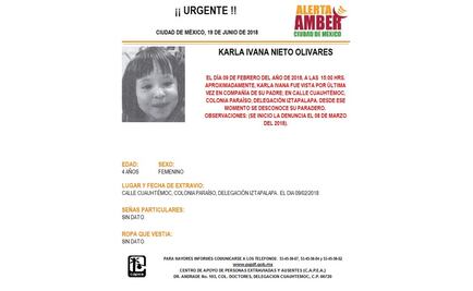 Alerta Amber. Buscan a Karla Ivana Nieto en Iztapalapa