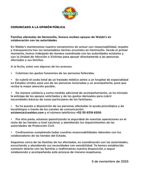 Comunicado de Waldo’s sobre víctimas del incendio en tienda de Hermosillo (05/11/2025). Foto: Especial