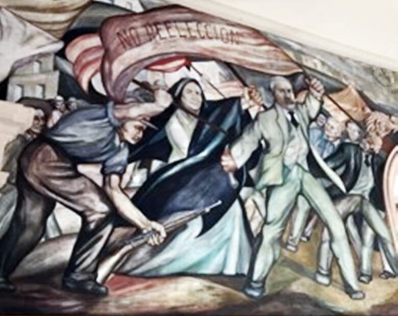 Murales del Palacio de Gobierno en Chihuahua. Dolores Revilla es la única mujer que aparece en estas obras pictóricas. Foto: Cortesía Heidi Ramírez Cisneros.