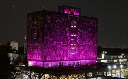 UNAM conmemora el 8M; ilumina de morado Biblioteca Central y Estadio Olímpico Universitario