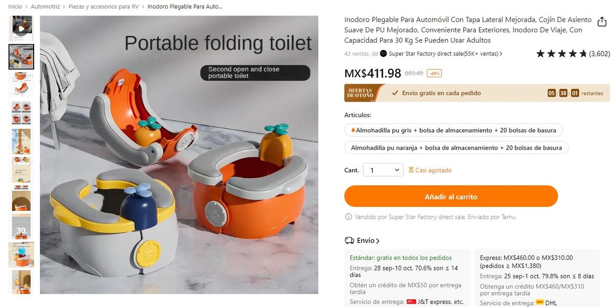 Este inodoro portátil puede ser usado en el auto, según la página que lo vende.