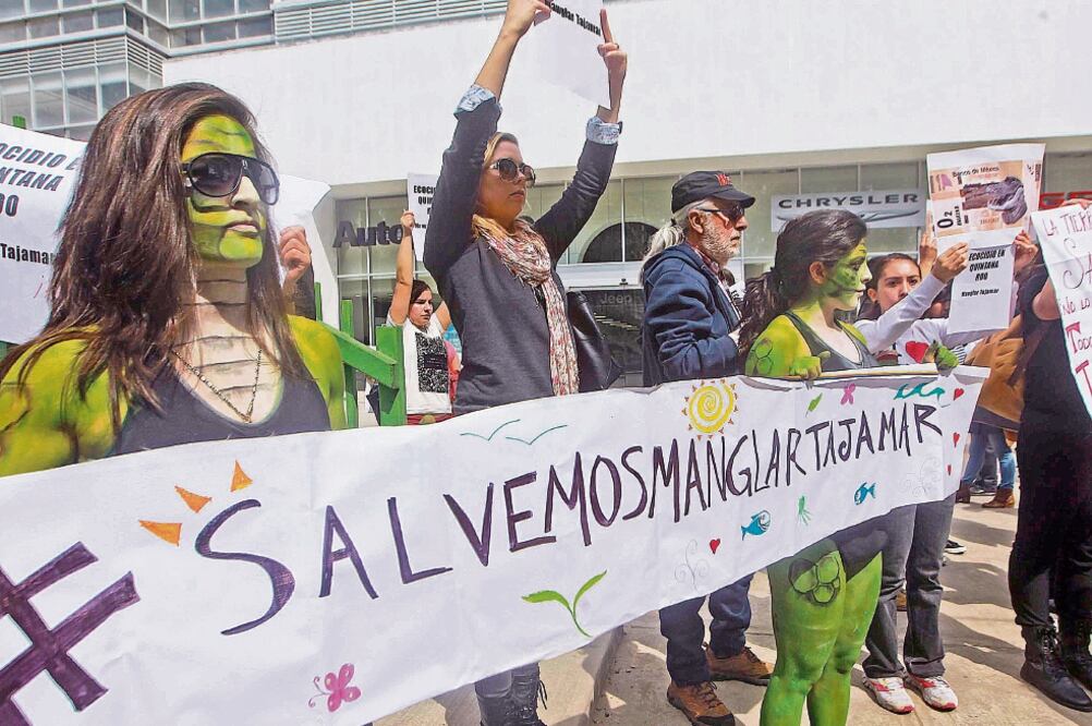 Caracterizados como cocodrilos y otros reptiles, los manifestantes protestaron contra la corrupción que permitió la destrucción del manglar de Tajamar (FERNANDO RAMÍREZ. EL UNIVERSAL)
