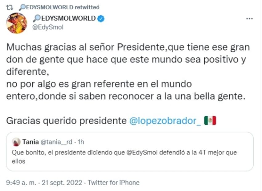 “No por algo es gran referente en el mundo”: Edy Smol a AMLO por reconocerlo otra vez en la mañanera