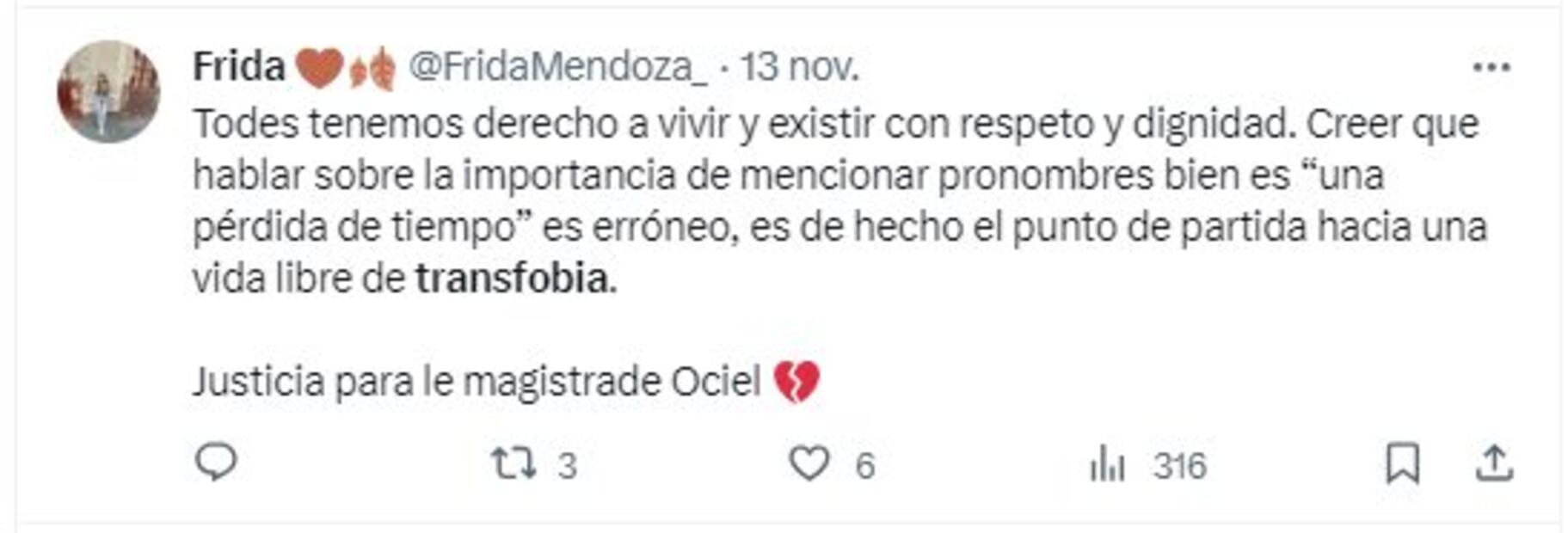 Publicación sobre transfobia en homicidio de magistrade Jesús Ociel Baena. / Foto: Captura de "X".