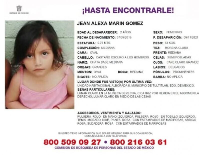 Buscan a Jean Alexa, de dos años, desaparecida en Tultitlán 