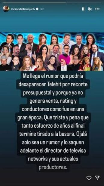 Con este mensaje en sus redes sociales, el productor Memo del Bosque puso en duda el futuro de Telehit. Foto: Instagram