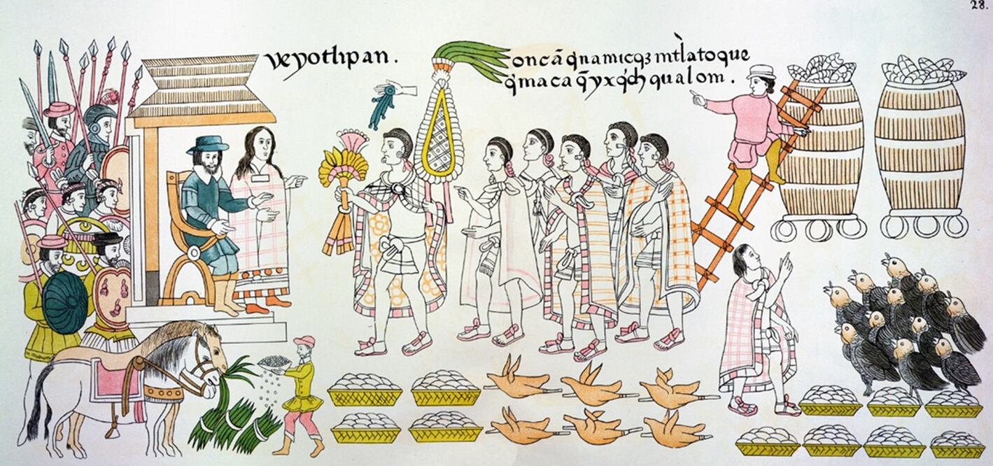 Fragmento del Lienzo de Tlaxcala en el que se aprecian a Cortés y Marina recibiendo distintos alimentos mesoamericanos como regalo de caciques locales.