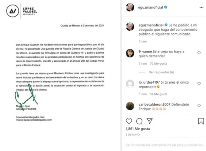 Gustavo Adolfo Infante ratifica denuncia contra Enrique Guzmán