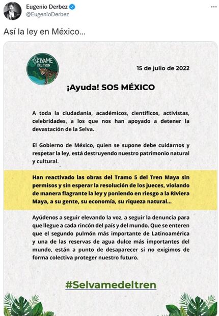 "Así la ley en México": Eugenio Derbez reacciona a reactivación de obras del tramo 5 del Tren Maya