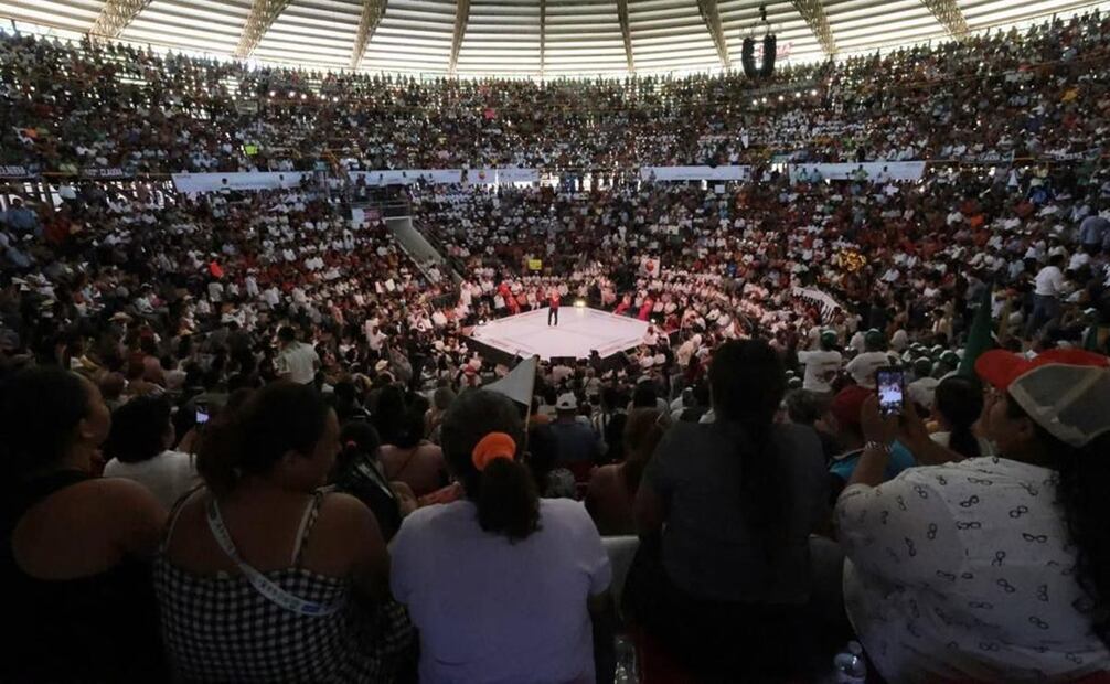 Claudia Sheinbaum brinda asamblea informativa en Palenque de Chiapas. Foto: Epecial