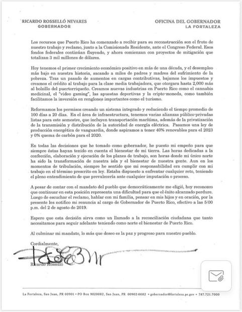 Carta íntegra de la renuncia del gobernador de Puerto Rico