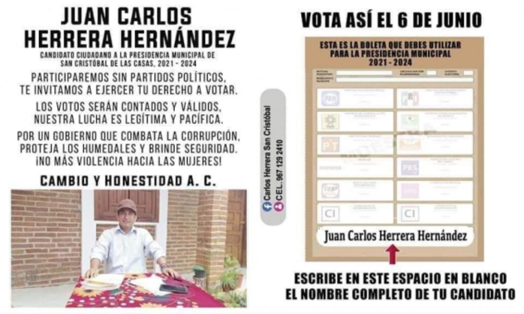 La dura tarea de hacer campaña sin partido, dinero, ni foto en la boleta electoral en Chiapas