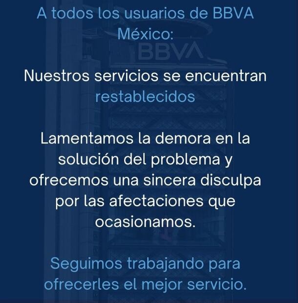 BBVA restablece sus servicios digitales 5 horas de presentar fallas. Foto: Especial.