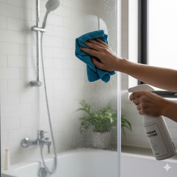 Cómo limpiar cortinas y mamparas de baño para eliminar cal, moho y suciedad. Foto creada con IA (Gemini)