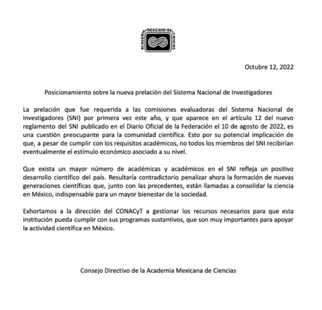 La Academia Mexicana de Ciencias rechaza cambios de reglas para ingresar al SNI 