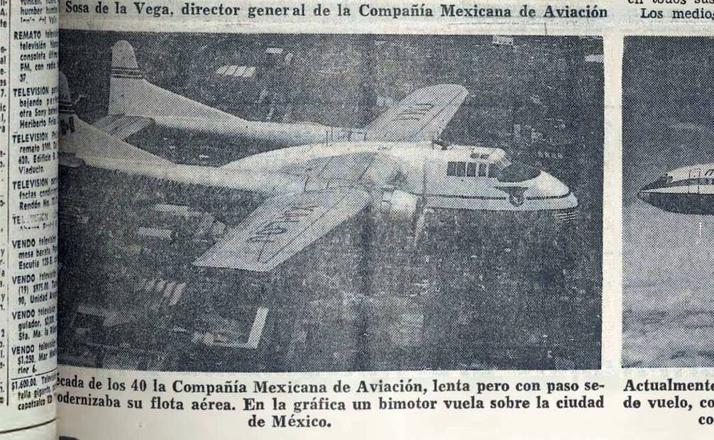 El aniversario de la empresa sirvió como ocasión para publicar fotografías de distintas aeronaves que integraron la flota de Mexicana a lo largo de sus primeros años. En este caso, se ve un bimotor de los años cuarenta. Hemeroteca EL UNIVERSAL.