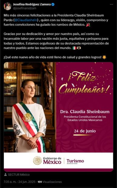 Josefina Rodríguez Zamora, secretaria de Turismo, felicita a la presidente Claudia Sheinbaum por su cumpleaños 63. Foto: Captura de pantalla de X.