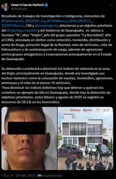 El titular de la SSPC, Omar García Harfuch, reportó la detención de "Viejón", jefe del grupo operativo “La Barredora”. Foto: Captura de la cuenta de X de @OHarfuch