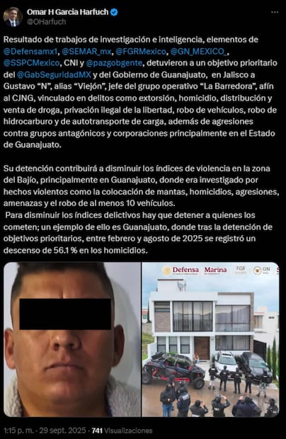 El titular de la SSPC, Omar García Harfuch, reportó la detención de "Viejón", jefe del grupo operativo “La Barredora”. Foto: Captura de la cuenta de X de @OHarfuch