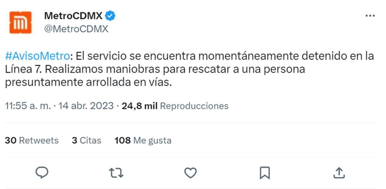 Metro de la Ciudad de México informa. Foto: @MetroCDMX