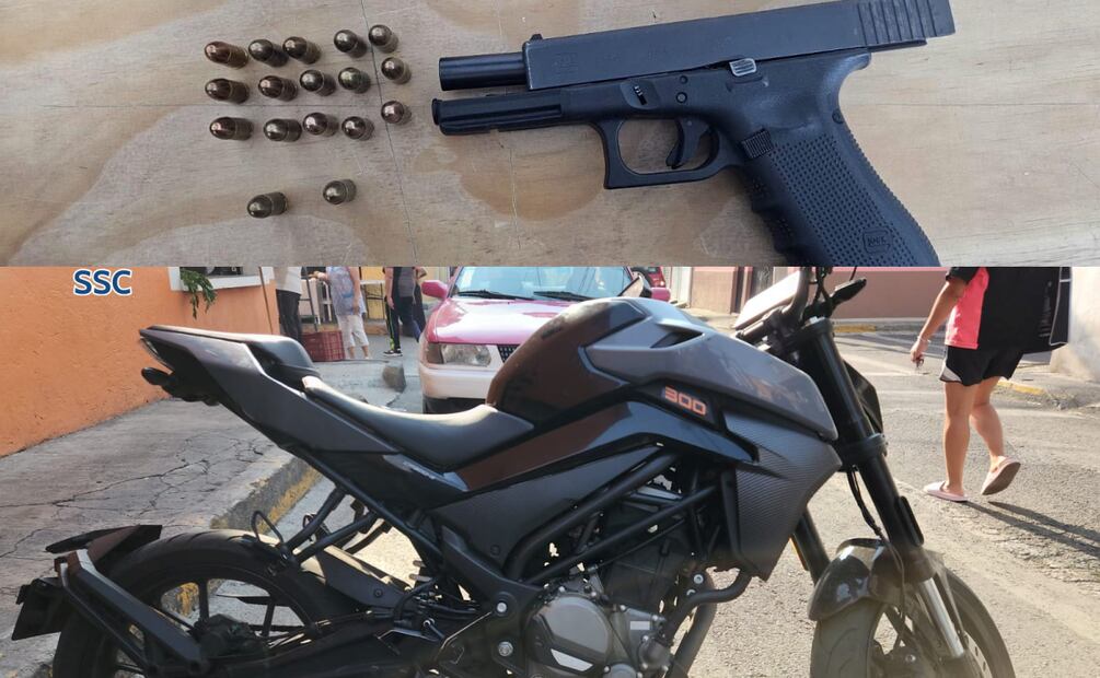Autoridades aseguraron dos armas de fuego cortas y una motocicleta durante la detención del joven de 19 años en la alcaldía Azcapotzalco (25/04/2025). Foto: Especial