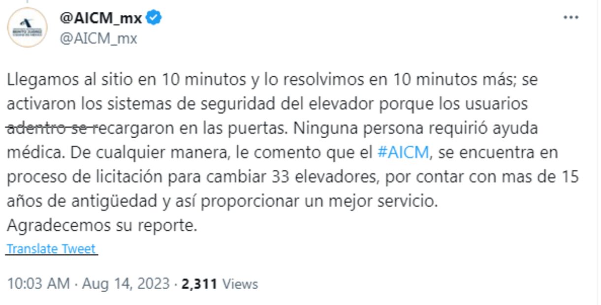 AICM: Pasajeros se atora en elevador