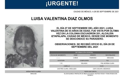 Activan Alerta Amber para localizar a Luisa Valentina, niña desaparecida en Iztapalapa