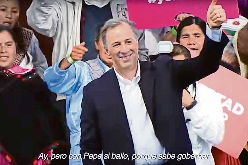 En el video promocional pautado “Ay, Pepe”, una cantante femenina promueve al candidato de la coalición Todos por México en ritmo tropical y con imágenes de sus adversarios Andrés Manuel López Obrador y Ricardo Anaya. Foto: TOMADA DE YOUTUBE