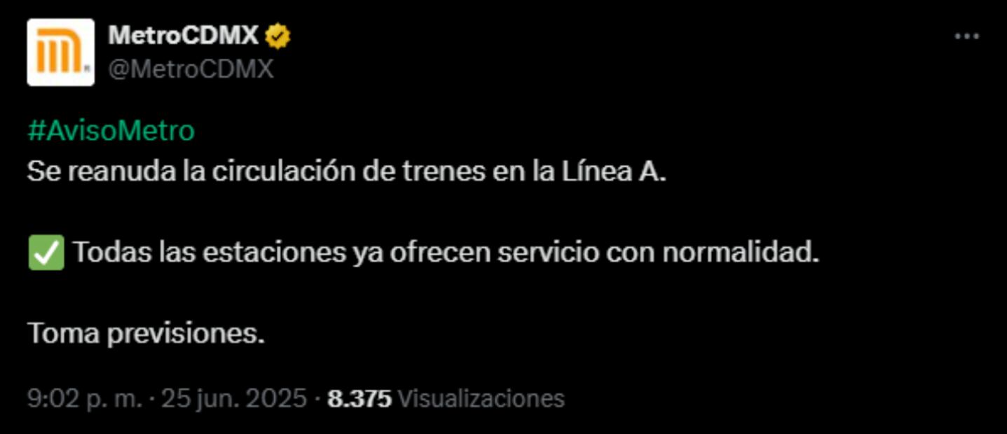 Anuncio del Metro respecto a servicio continuo de la Línea A (25/06/2025). Foto: Especial