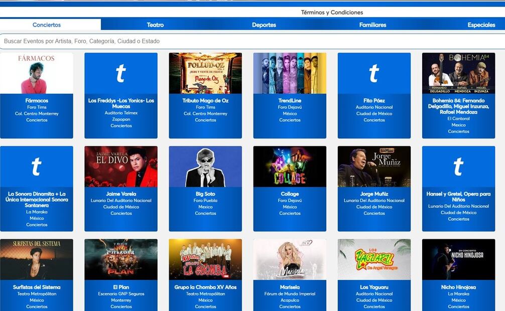 Conciertos que están incluidos en el jueves 2×1 de Ticketmaster. Foto: captura de pantalla
