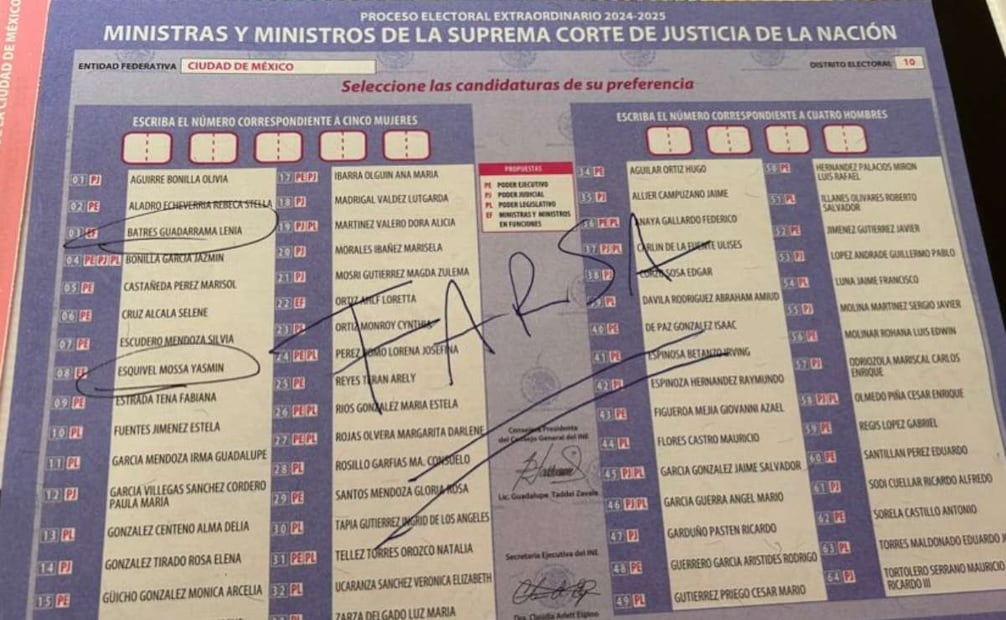 Denise Dresser, académica y politóloga, usó su boleta para escribir en mayúsculas la palabra "FARSA". Foto: X @DeniseDresserG