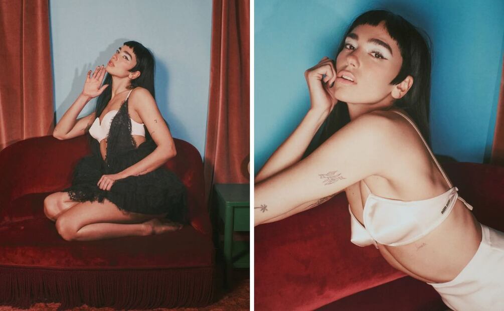 Dua Lipa con baby bangs en British Vogue. En la imagen de la izquierda, el bra es de Givenchy y el vestido de Chloé; a la derecha: bra Miu Miu y braguitas de Givenchy. Foto: Especial. British Vogue (David Sims)