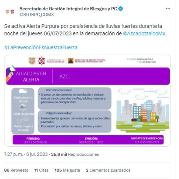 La SGIRPC activó la Alerta Púrpura por pronóstico de lluvia fuerte, viento y granizo en CDMX. / Foto: Tomada de Twitter