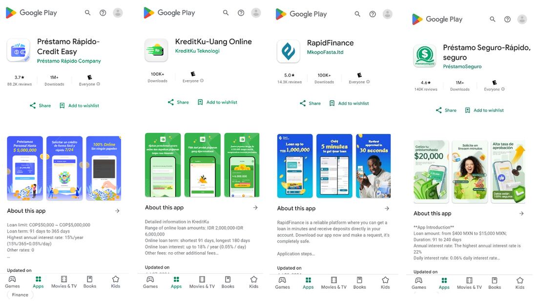 Ejemplos de apps de préstamos fraudulentas en Google Play Store, detectadas por McAfee. Foto: McAfee