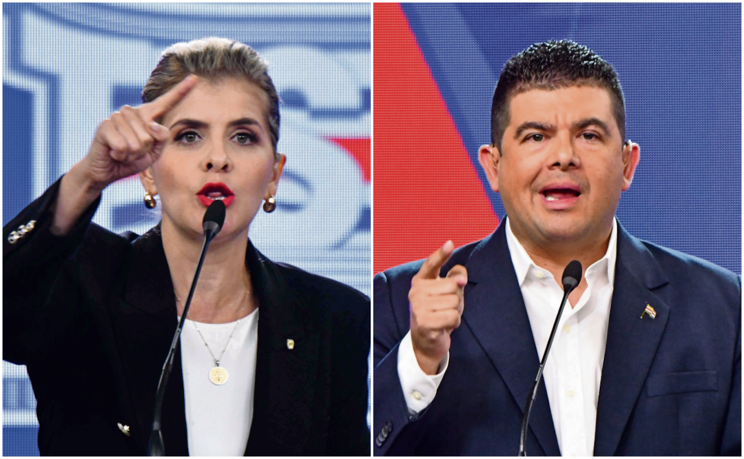 La candidata del Partido Pueblo Soberano, Laura Fernández, y el candidato del Partido Liberación Nacional, Álvaro Ramos. Fotos: Ezequiel Becerra / AFP