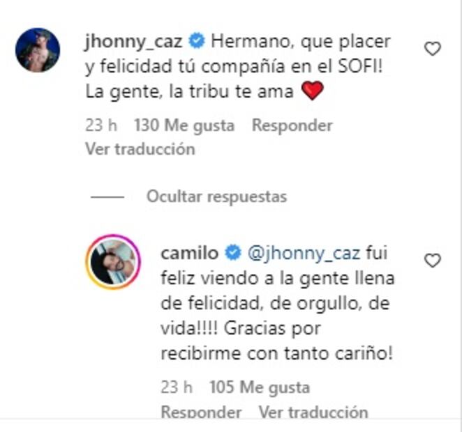 Comentarios entre Camilo y Grupo Firme. Fuente: Captura Instagram @camilo